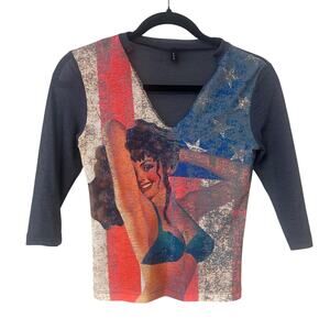 Vintage Cue V-Neck Half Sleeve Cropped Top USA Patriotic Y2k Red Blue Small